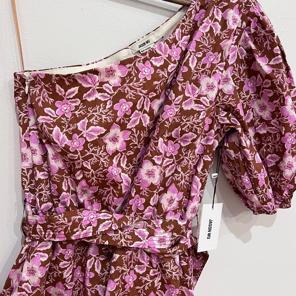 NWT Jason Wu One-shoulder A-line Floral Puff-sleeve Mini Dress, Pink/Brown, S - Picture 2 of 13